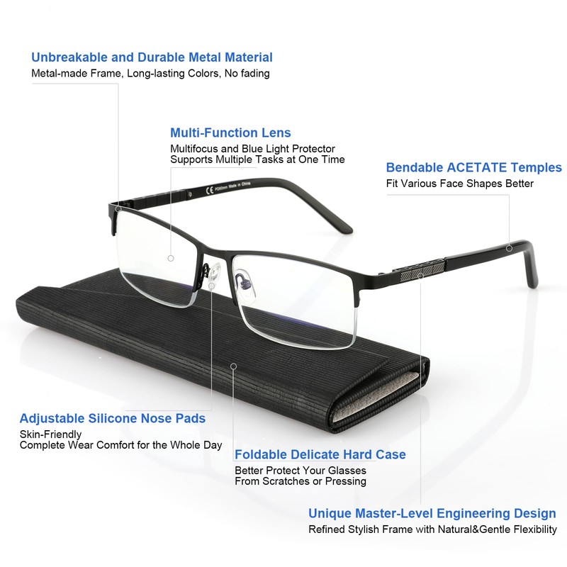 Refined Progressive Reading Glasses Men Multifocus Metal Half Frame, Blue