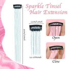 Mivofun 12PCS Clip in Hair Tinsel Kit, 20Inch Hair Tensile Heat Resistant Fairy Glitter Sparkling Colorful Hair Extensions Accessories for Women Girls Festival Party Cosplay Gift (Blue+Tri color)