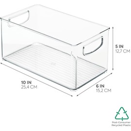 Plexon Plastic Fridge and Freezer Organizer Bin with Integrated Handles – 10” x 5” x 6”, Clear, 2 Pack