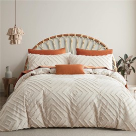 Tospass Beige Bed Linen 135 x 200 cm with Handmade Embroidery Set Vintage Tufted Boho Duvet Cover Shabby Chic Washed Microfibre 1 Duvet Cover with Zip 1 Pillowcase 80 x 80 cm
