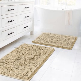 H.VERSAILTEX Beige Rugs for Bathroom Slip-Resistant Shag Chenille Bath Rugs Mat Extra Soft and Absorbent Bath Rug for Shower Room Machine-Washable Fast Dry (Beige, 20" x 32"/17" x 24")