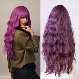 Purple Wigs Purple Straight - bangs Wavy Curly Wigs Designed for Women for Performances Parties Gatherings and Dress - up Heat - resistant Hair Strands (Comes with Wig Cap) 31 Inches