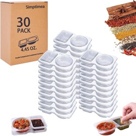 30Pcs Double Compartment Condiment Containers with Lids, Clear Plastic Condiment Containers for Snacks Dips Takeout Travel and Outdoor Camping