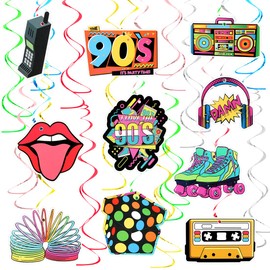 Aurasky 90s Theme Party Decorations, 32 Pieces 90s Decoration Streamers Hanging Swirl Party Blankets Decoration, Colourful 90s Review Birthday Party Neon Skirt Hippie Accessories Disco Retro Party