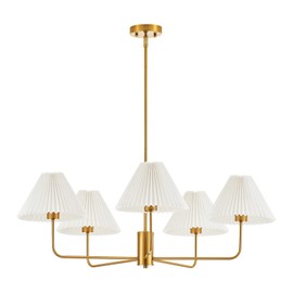 MhyTogn 37” Modern Chandelier 5 Lights Off White Fabric Pendant Light Adjustable Brass Contemporary Pendant Lighting Fixtures for Kitchen Island Dining Room Living Room, UL Listed