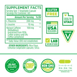 Zhou Energy + Focus - L Theanine Caffeine Pills, 200mg L-Theanine, 100mg Natural Anhydrous Caffeine Boost for Adults, Men & Women, Slow Extended Release - 60 Vegetarian Capsules (Pack of 1)