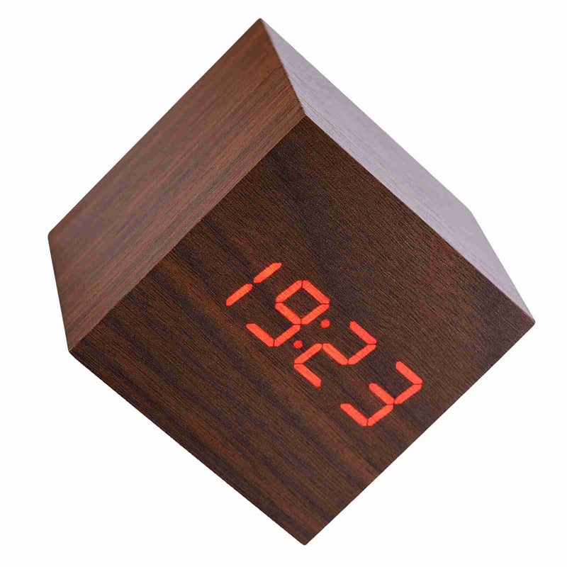 6x6x6cm Wooden Electronic Digital Alarm Desk Clock Temperature LED Display