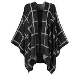 Ferand Women's Plaid Shawl Wraps Reversible Open Front Ponchos Soft Cozy Cape for Fall and Winter, Black & Grey