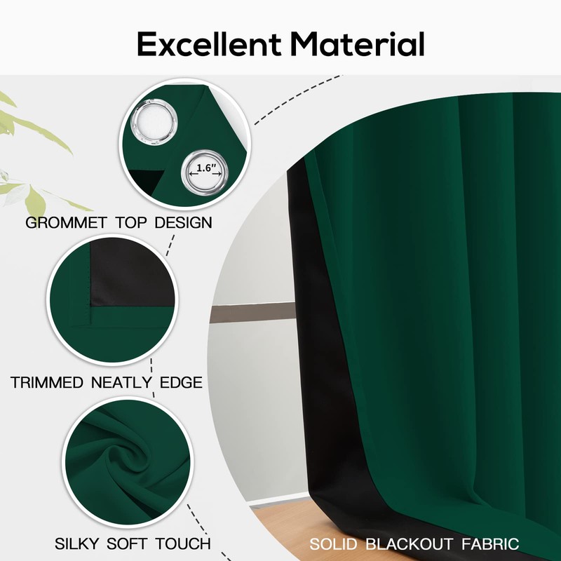 Yakamok 100% Blackout Curtains for Bedroom 84 Inch Length, Emerald