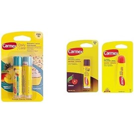 Carmex, Duopack Bálsamo Labial Daily Care Tropicolada + Daily Care Cupcake, Protege y Suaviza, + Carmex, Duopack Bálsamo Labial Classic en Barra Cereza + Classic en Tubo, para Labios secos y