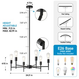 NILSE Black Chandelier, 6-Light Dining Room Chandelier Rotatable Bulb Socket Industrial Vintage Ceiling Light Fixture, Height Adjustable Pendant Light for Kitchen Island Living Dining Room