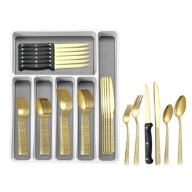 49Pcs Silverware Set with Organizer, Golden Stainless Steel Flatware Set for 8 Cutlery Utensil Sets with Steak Knives, Spoons and Forks Set, Dishwasher Safe