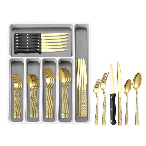 49Pcs Silverware Set with Organizer, Golden Stainless Steel Flatware Set