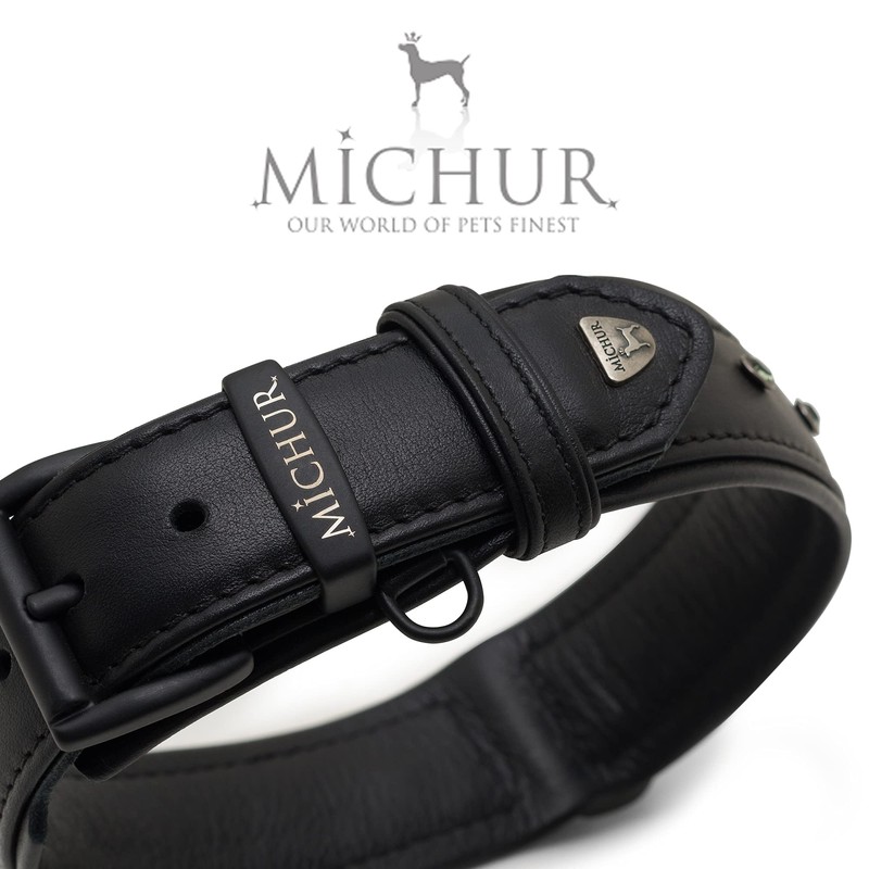 Michur Zorro Leather Dog Collar, Black Leather with Black Rhinestones/Crystals,