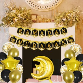 Ramadan Decorations for Home, Ramadan Mubarak Banners, Ramadan Decor Stars and Moon Decorations, Black and Gold Ramadan Party Decorations