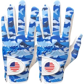 Golf Gloves Men Right Handed Golfer Left Hand with Ball Marker 2 Pack Leather Breathable Comfortable Weathersof Grip Size Small Medium ML Large XL (Blue&Camouflage, Large(Worn on Left Hand))
