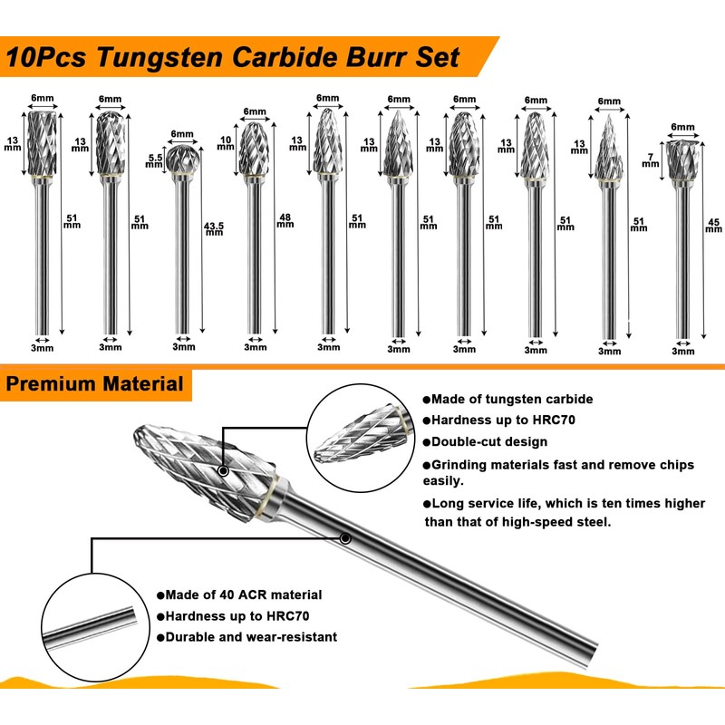 CAROTUPY Tungsten Carbide Burr Set 1/8" Shank，Die Grinder Bits with