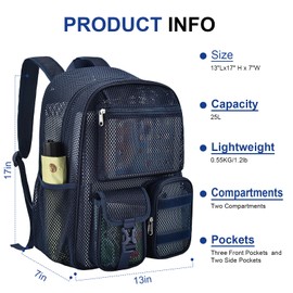 AROUVOG Mesh Backpack for School,with Inner Laptop Compartment,Semi-transparent Bookbag with Bungee and Comfort Padded Straps for Beach, Swimming, Sports, Work, Travel-Navy Blue