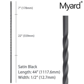 Myard Long Twist 1/2 Inches Square Iron Stair Balusters, 44 Inches 10-Pack (Satin Black)