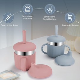 EsOfficce Baby Sippy Cups, 7.4 Oz Sippy Cups, 3 Stages Training Cup, Straw Cup for Infants Toddlers 6-12 Month and Kids 1-3 Year, Stainless Steel Kid Cups with Silicone Straws (Coral + Blue)