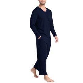MoFiz Men's Long Sleeve Pajama Set Soft Lightweight 2-Piece Sleepwear V-Neck Pjs for Nightwear Home Lounge with Pockets Navy Blue, 3XL