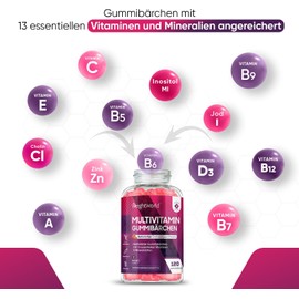 Multivitamin Gummy Bears - 120 Pieces - Gummies with 14 Vitamins and Minerals - For Adults with Vitamin C, D3, Biotin, Folic Acid, Zinc & More - Natural Ingredients & Strawberry Flavours