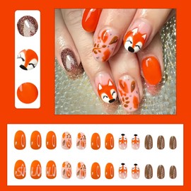 24Pcs Autumn Fallen Leaves Press on Nails Short Oval Thanksgiving Fake Nails with Fox French Design Orange Stick on Nails Fall Rose Gold Glitter Full Cover Glue on Nail Glossy Acrylic Nails for Women