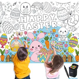 Children's Colouring Tablecloth 110 x 80 cm DIY Paper Tablecloth Colouring Easter with Quick Drying Alcohol Marker 24 Colours, Rabbit Egg Carrot Motif, Games and Activities for Children, Mal Me