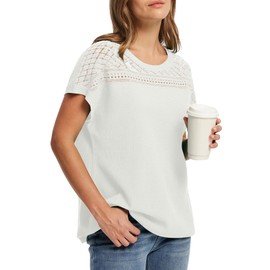 WIHOLL Summer Tops for Women 2025 Cap Short Sleeve Sweater Women Blouse Work Office Teacher Summer Outfits Beach Vacation Clothes Fashion White XL