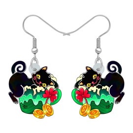 HUAGEO St. Patrick's Day Acrylic Green Gold Coin Pot Black Cat Earrings Dangle Cute Kitten Pets Jewellery Irish Gifts For Women Holiday Charms (Black)
