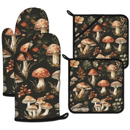 Watercolor Forest Mushroom Oven Mitts and Pot Holders Sets Heat Resistant 4Pcs Potholders Oven Gloves Hot Pads for Kitchen Baking Cooking Grilling BBQ