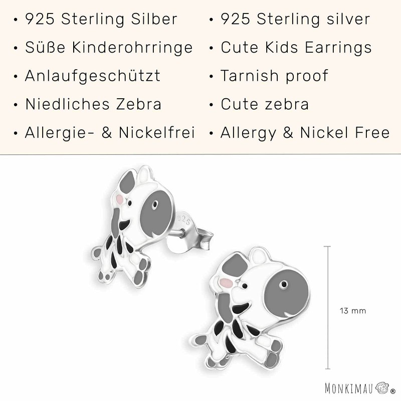 Monkimau Children's Earrings Zebra Stud Earrings 925 Sterling Silver Multi-Coloured