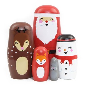 Set of 5 Christmas Santa Claus Nesting Dolls,Elk Snowman Fox Animal Russian Doll Xmas Wooden Matryoshka Crafts Russian Nesting Doll for Kids Stacking Toy Christmas Boys Girls Home Decoration