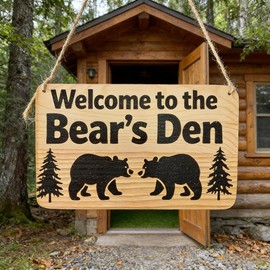Rustic Wooden Welcome Sign, Bear's Den Cabin Decor with Black Bears and Pine Trees, Natural Wood, 5x8 Inches, Rope Hanging