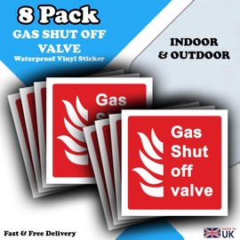 8 Pack - Gas Shut Off Valve Marker Sticker - 100mm x 100mm - Gas Safety Label Decals