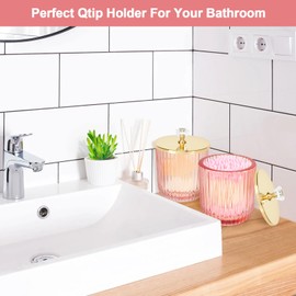 2PCS Qtip Holder Dispenser Set, Cute Glass Apothecary Jars with Lid, Pink Cotton Ball Pad Round Container Holders and Vanity Canister Storage Jar for Makeup Sponges, Floss, Hair Accessories