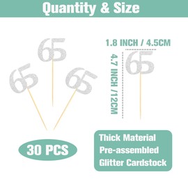 Sotpot 30 Pack Happy 65th Birthday Cupcake Toppers 65 Years Cupcake Decorations for 65th Birthday Anniversary Party Supplies Silver Glitter