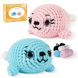 MOREJMTT Crochet Kit for Beginners, Learn to Crochet, Include Easy Knitting Soft Yarn, Step-by-Step Video Tutorial, Hook, Holiday Birthday Gift for Adults and Kids(Pink Seal& Blue Seal)