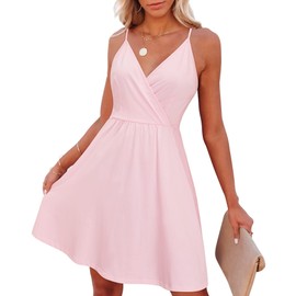 VOTEPRETTY Women's 2025 Clothes Summer Dress Fashion V-Neck Spaghetti Strap Casual Swing Sundress with Pockets Trendy (Pink,S)