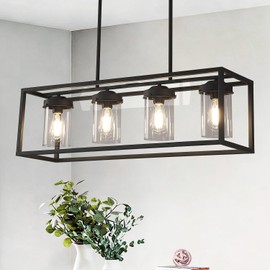 Pretoy Black Kitchen Light Fixture,Black Farmhouse Chandeliers for Dining Room,Rustic Rectangle Linear Pendant Ceiling Light with Clear Glass Shade