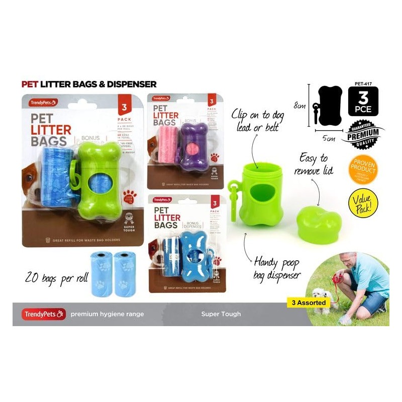 Trendy Pets Pet Cleanup Bags with Holder, Assorted (Pack of