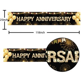 Happy Anniversary Party Backdrop Banner Black Gold Balloons Fireworks Theme Decor for Wedding Anniversary Party Supplies Yard Sign Background Indoor and Outdoor Party Decorations Gift