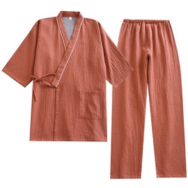 OWLONLINE Japanese Style Pajamas Japanese Kimono Suit Gauze Cotton, Coral red