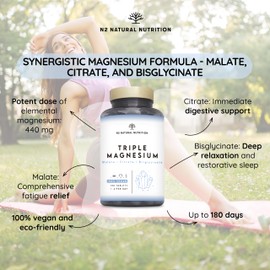 N2 Natural Nutrition Triple Magnesium Glycinate 3-in-1 (6 Months) 440 mg Magnesium, Synergistic Complex with Malate, Citrate, Bisglycinate for Sleep, Energy, Muscles and Bones. 180 Tablets. N2 Natural Nutrition