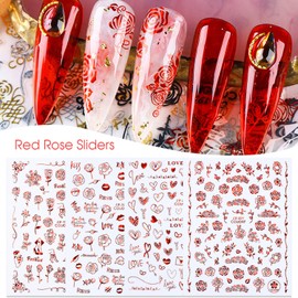 Rose Nail Art Stickers, Flowers Nail Self-Adhesive Sticker, 3D Floral Nail Decals Red Rose Love Heart Kiss Lips Nail Art Design Supplies for Women Girls Manicure Decoration Valentine's Day Nail Decals