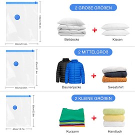 Vacuum Bags for Clothes and Duvets, 6 Vacuum Bags, 2 Large 100 x 80 cm, 2 Medium 80 x 60 cm, 2 Small 60 x 40 cm, Reusable Vacuum Bags, for Clothes, Duvets, Bedding and More