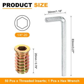 sourcing map 50 Pcs Threaded Insert for Wood, 1/4" - 20 Carbon Steel Threaded Studs Hex Socket Drive Nut Inserts Screw in Nut Fastener Connector with Hex Wrench 20mm Length for Home, Gold