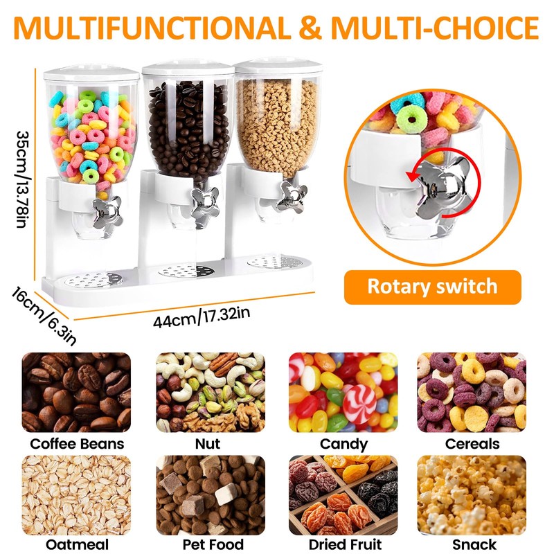 Petyoung Triple Food Storage Dispenser, 6L Capacity Cereal Container, Plastic