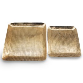 Luene Square Brass Serving Trays with Line Design – Set of 2 Gold Color Large and Medium Festive Holiday Modern Serving Dish Platters and Decorative Trays for Kitchen or Home Decor