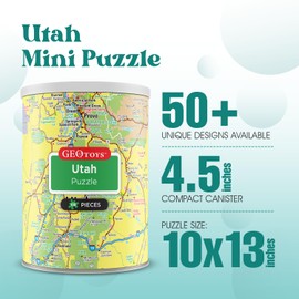Geotoys Utah Mini State Puzzle – 100 Piece Puzzles for Kids and Adults in Portable Can, 13" x 10" Educational Travel Puzzle for Ages 7 and Up – Mini Puzzles to Learn & Explore Geography